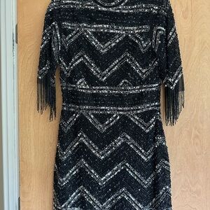 Aidan Mattox Black and Silver Sequin Sheath Dress